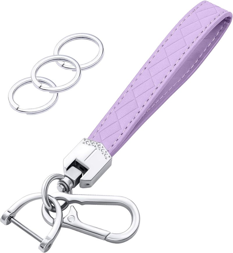 OHKYOOT Store Leather Wristlet Keychain,Car Key Chain Wrist Keychain with 3 Key Ring and Anti-Lost D Ring (Purple) - Image 1